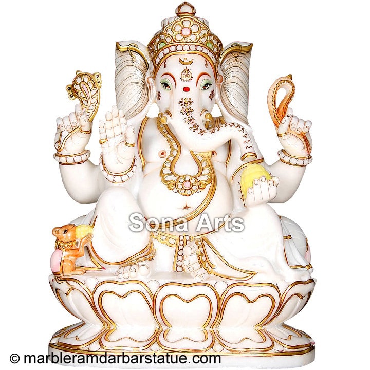 Marble Ganapathi Statue Seated on Lotus