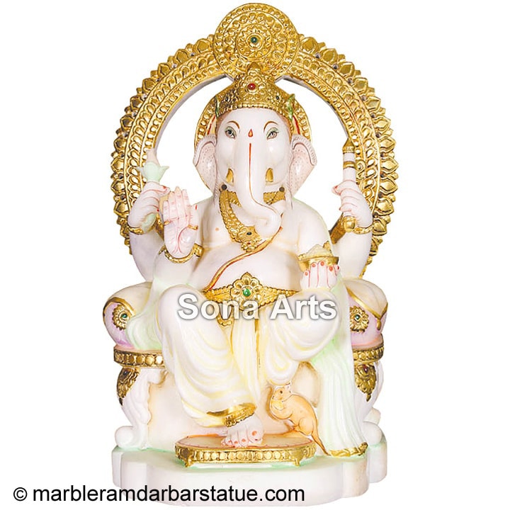 Marble Ganesha Seated on Singhasan