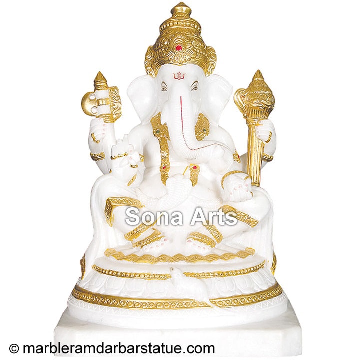 White Marble Ganapathi Statue with real gold plating