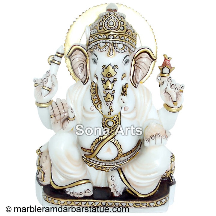 Marble Ganesha Statue with Gold Painting Work