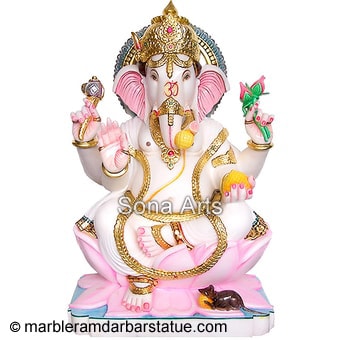 Marble Seated Ganesh Statue With 4 Arms