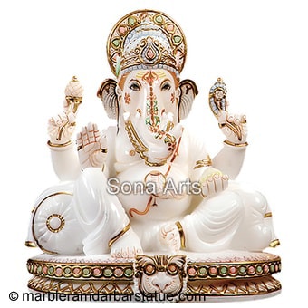 White Marble Ganesh Statues With Gold Ornament