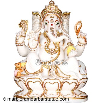 Marble Ganapathi Statue Seated on Lotus