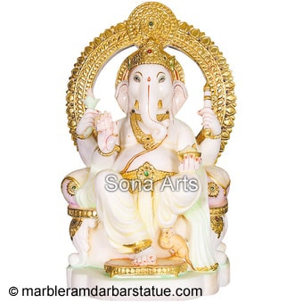 Marble Ganesha Seated on Singhasan