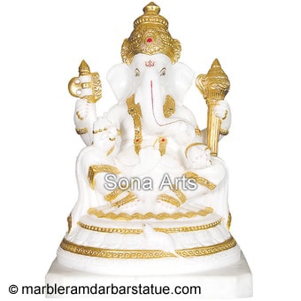 White Marble Ganapathi Statue with real gold plating